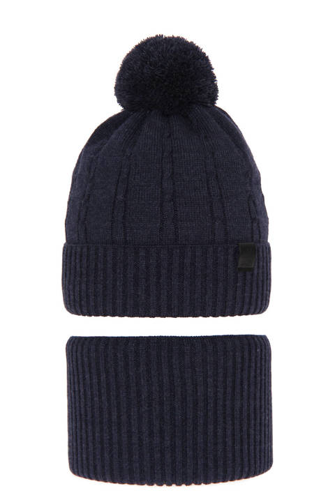 Boy's winter set: hat and tube scarf navy blue Deny with pompom