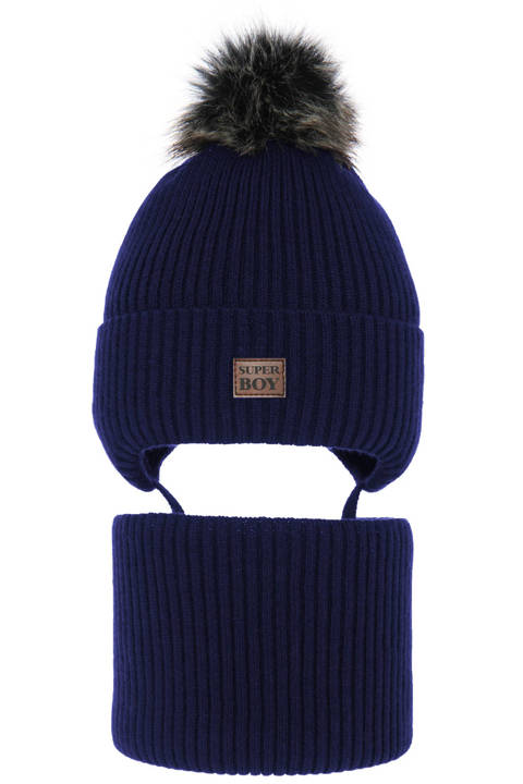 Boy's winter set: hat and tube scarf navy blue Denzel with pompom