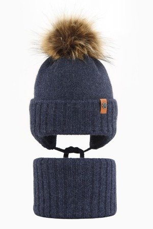 Boy's winter set: hat and tube scarf navy blue Dominik with pompom