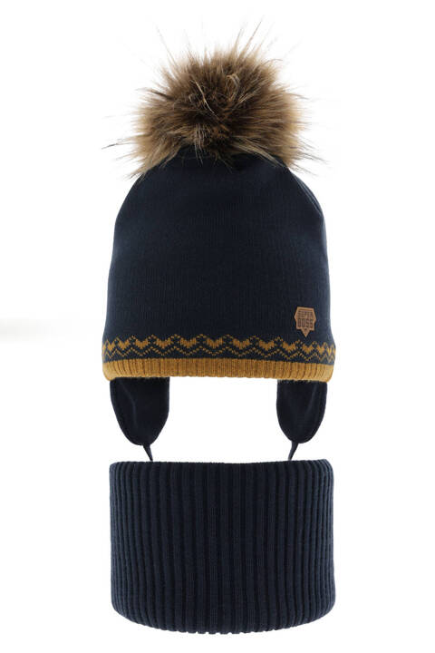 Boy's winter set: hat and tube scarf navy blue Elpis with pompom