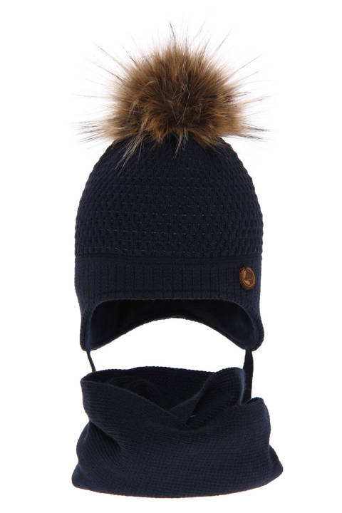 Boy's winter set: hat and tube scarf navy blue Florek with pompom