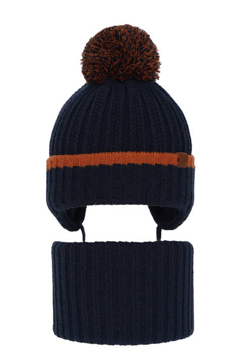 Boy's winter set: hat and tube scarf navy blue Franklin with pompom