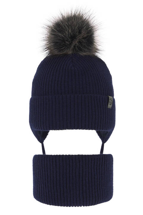 Boy's winter set: hat and tube scarf navy blue Honed with pompom