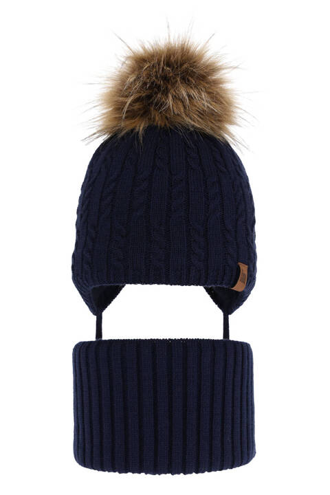 Boy's winter set: hat and tube scarf navy blue Indigo with pompom