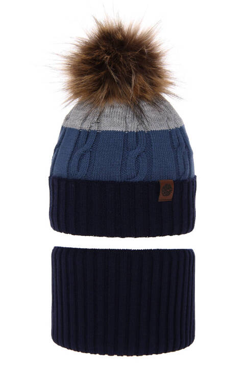 Boy's winter set: hat and tube scarf navy blue Karmel with pompom