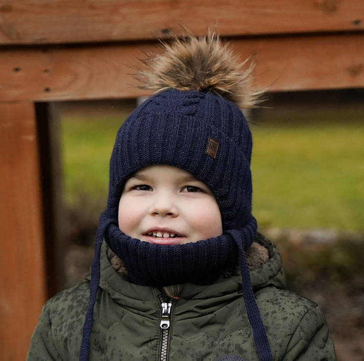 Boy's winter set: hat and tube scarf navy blue Kongo with pompom