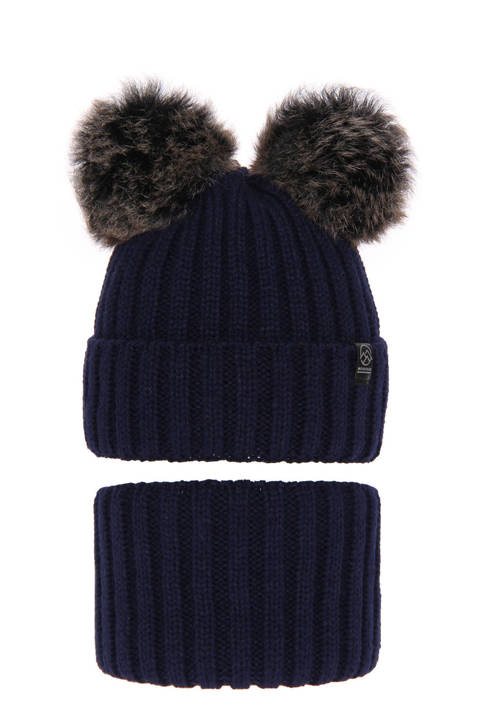 Boy's winter set: hat and tube scarf navy blue Largo with two pompom