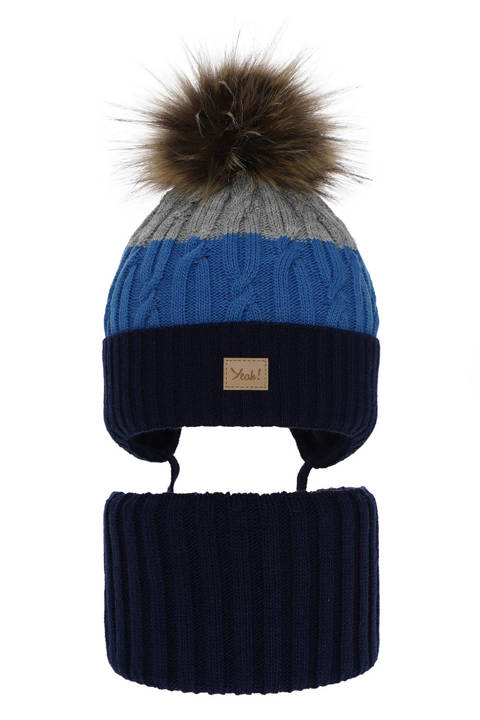 Boy's winter set: hat and tube scarf navy blue Maxwell with pompom