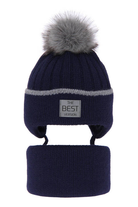 Boy's winter set: hat and tube scarf navy blue Orlando with pompom