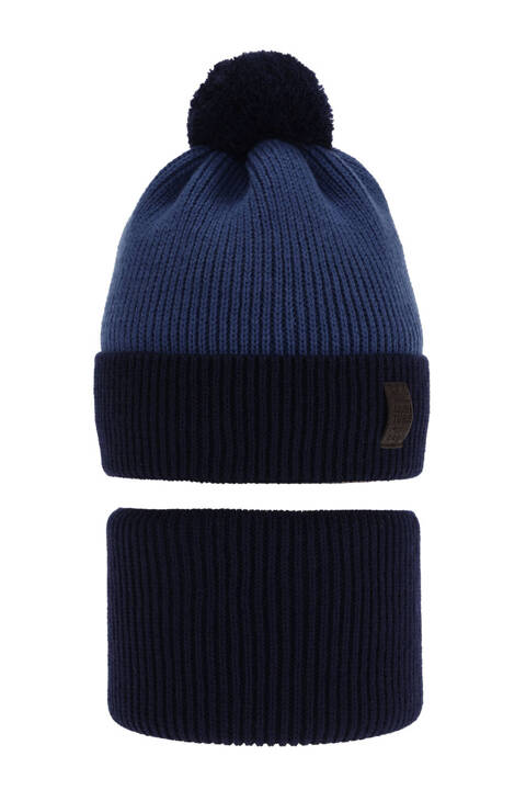 Boy's winter set: hat and tube scarf navy blue Raspi with pompom