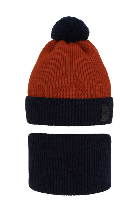 Boy's winter set: hat and tube scarf navy blue Raspi with pompom