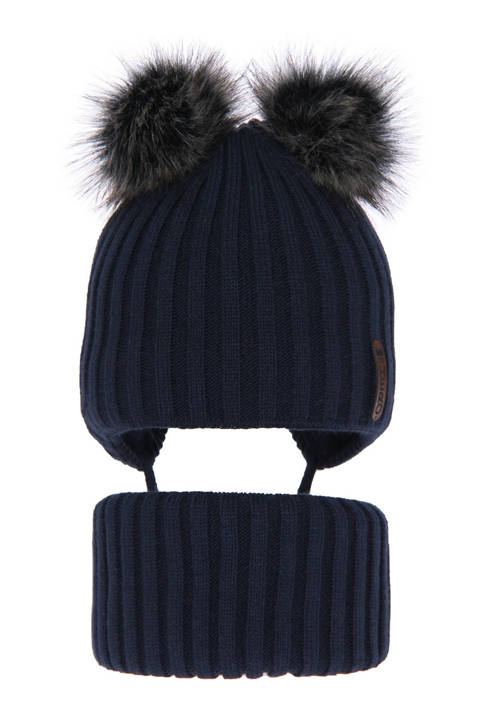 Boy's winter set: hat and tube scarf navy blue Sid with two pompom