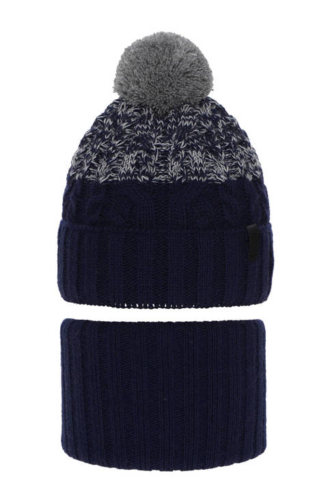 Boy's winter set: hat and tube scarf navy blue Travis with pompom