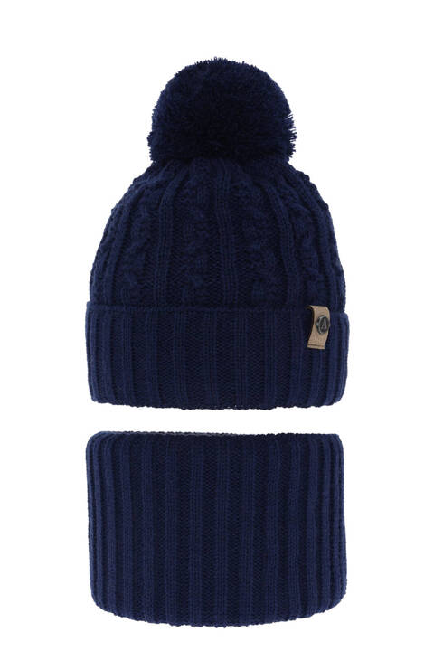 Boy's winter set: hat and tube scarf navy blue with pompom Almond