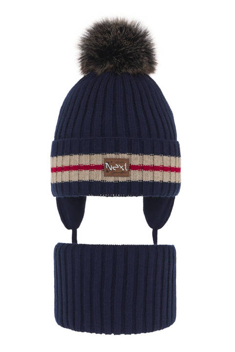 Boy's winter set: hat and tube scarf navy blue with pompom Echo