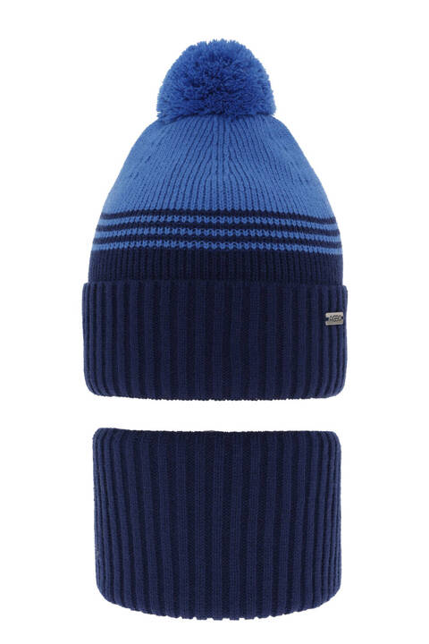 Boy's winter set: hat and tube scarf navy blue with pompom Pallas