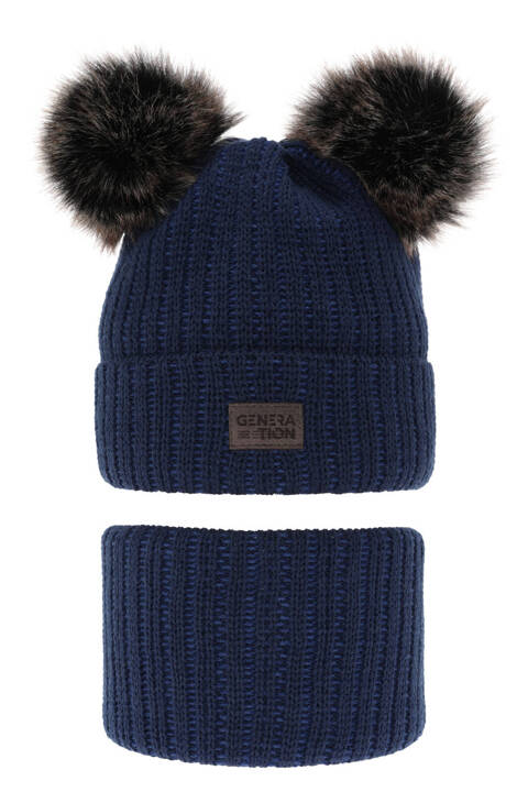 Boy's winter set: hat and tube scarf navy blue with two pompoms Tokio