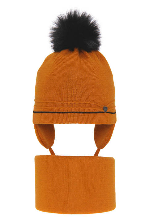 Boy's winter set: hat and tube scarf orange Burgund with pompom