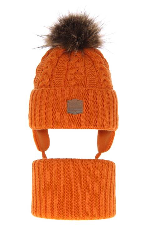 Boy's winter set: hat and tube scarf orange Duet with pompom   