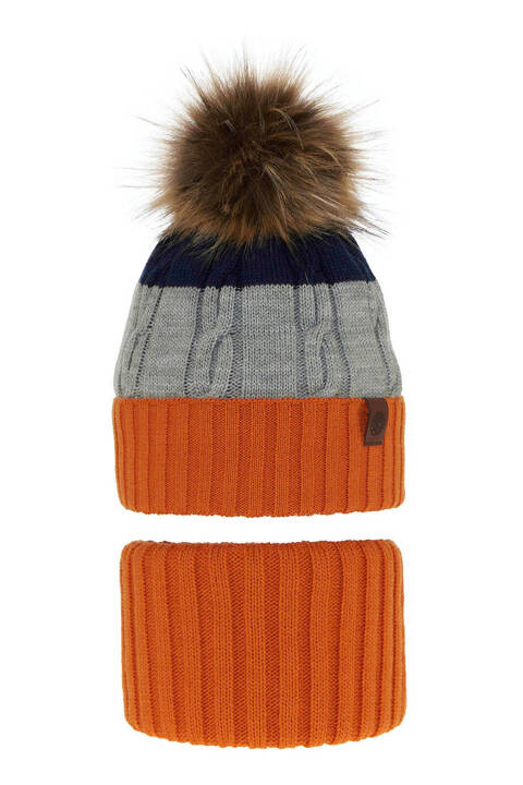 Boy's winter set: hat and tube scarf orange Karmel with pompom