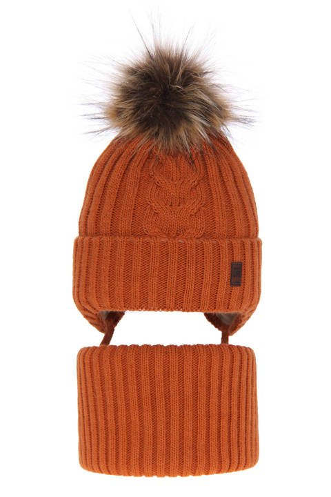 Boy's winter set: hat and tube scarf orange Kongo with pompom