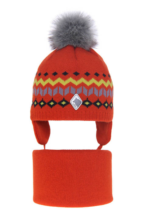 Boy's winter set: hat and tube scarf orange Tristan with pompom