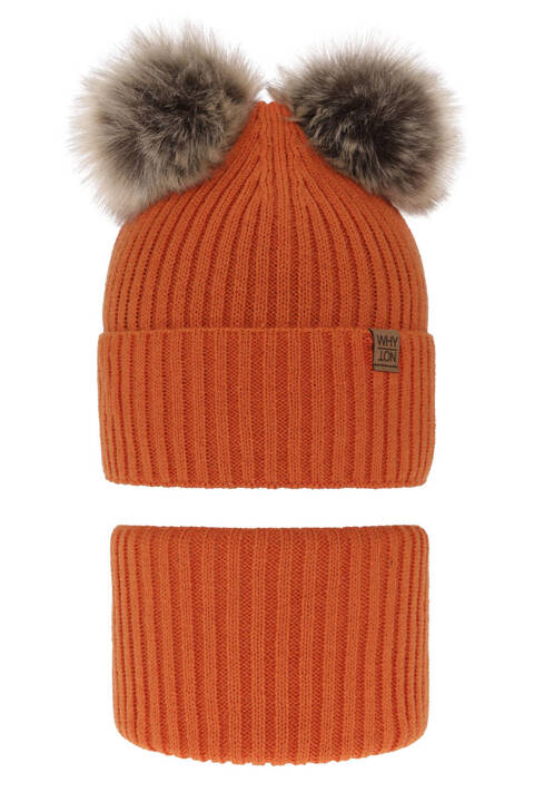 Boy's winter set: hat and tube scarf orange with two pompoms Oxford