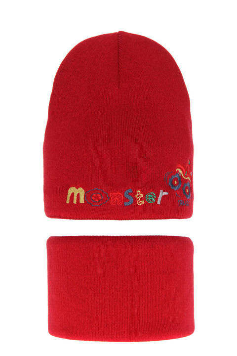 Boy's winter set: hat and tube scarf red Monster