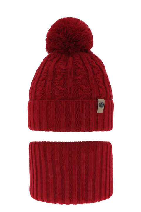 Boy's winter set: hat and tube scarf red with pompom Almond