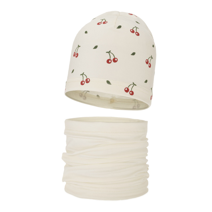 Girl's spring/ autumn cotton set: hat and tube scarf ecru Cerise