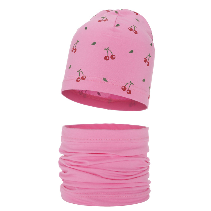 Girl's spring/ autumn cotton set: hat and tube scarf pink Cerise