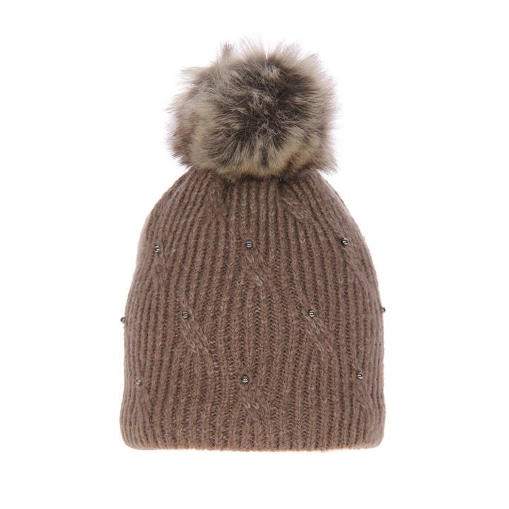 Girl's winter hat brown Nysa with pompom