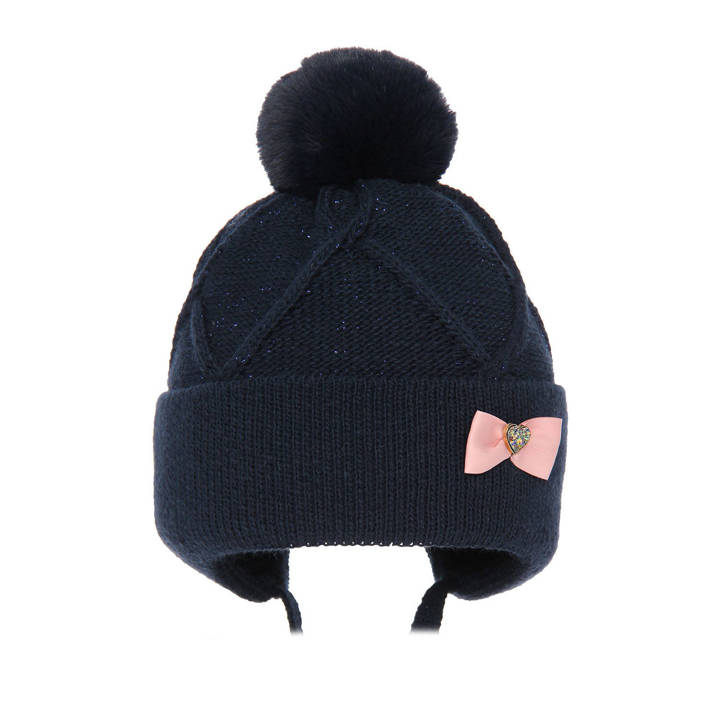 Girl's winter hat navy blue Aosta with pompom