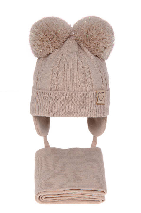 Girl's winter set: hat and beige Rozi with two pompom