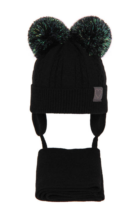 Girl's winter set: hat and black Rozi with two pompom