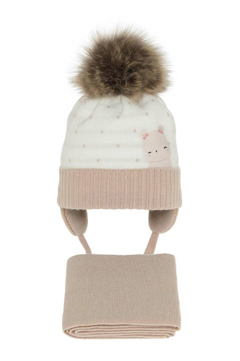 Girl's winter set: hat and scarf beige Lori with pompom