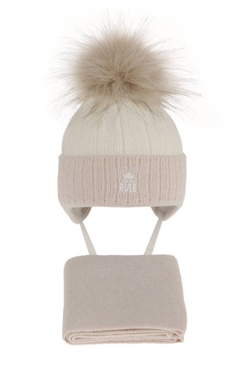 Girl's winter set: hat and scarf beige Sindi with pompom