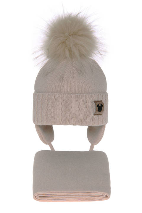 Girl's winter set: hat and scarf beige Tendi with pompom