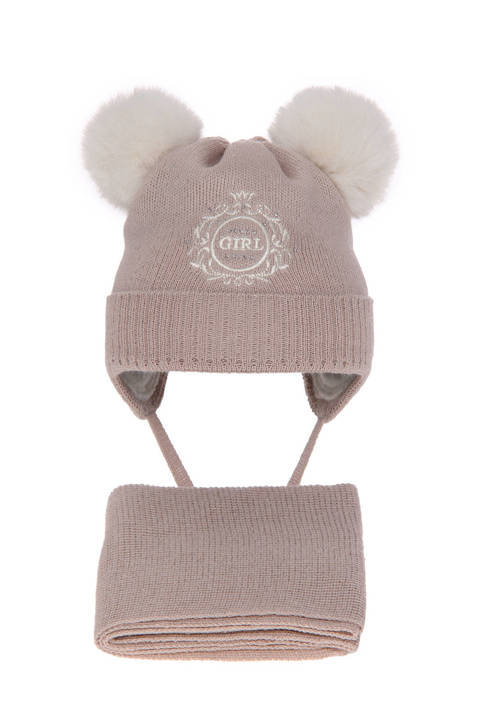 Girl's winter set: hat and scarf beige Umbra with two pompom wool