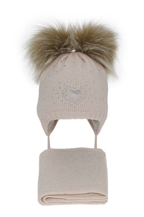 Girl's winter set: hat and scarf beige Viki with two pompom