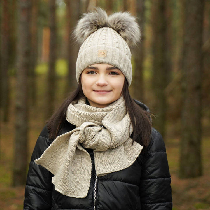 Girl's winter set: hat and scarf beige Zenda with two pompom