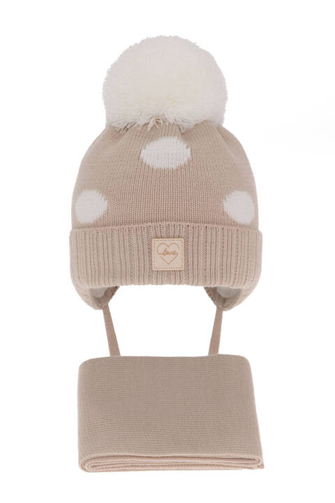 Girl's winter set: hat and scarf beige with pompom Agostina