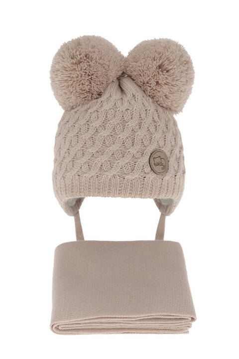 Girls winter set hat and scarf beige with two pompoms Anava