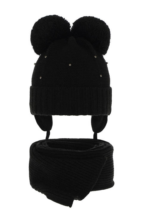 Girl's winter set: hat and scarf black Fibien with two pompom								