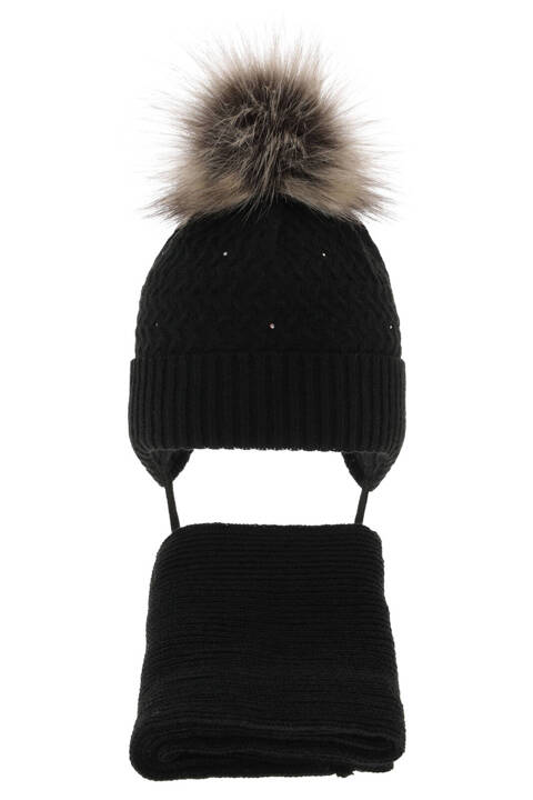 Girl's winter set: hat and scarf black with pompom Zelta