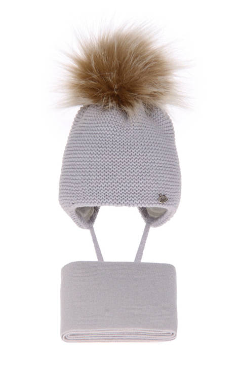 Girl's winter set: hat and scarf grey Aimi with pompom