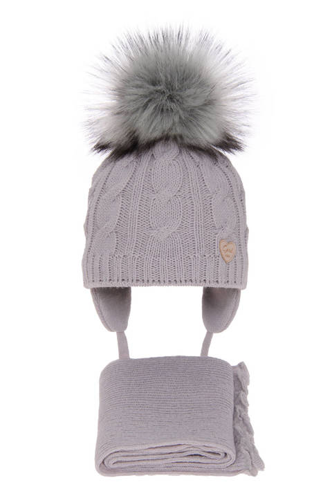 Girl's winter set: hat and scarf grey Morena with pompom