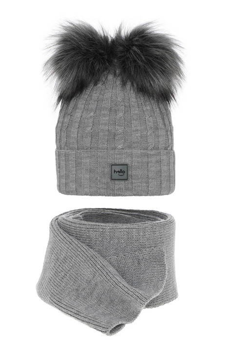 Girl's winter set: hat and scarf grey Zenda with two pompom