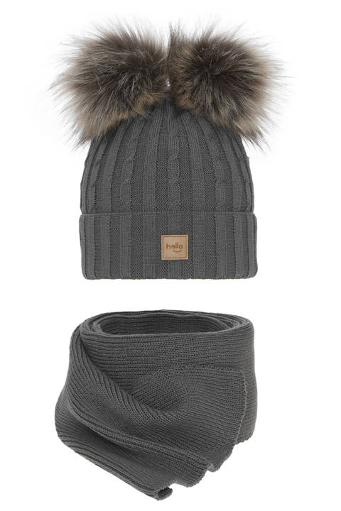 Girl's winter set: hat and scarf grey Zenda with two pompom