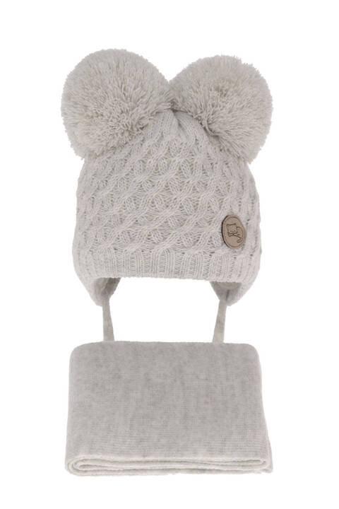 Girls winter set hat and scarf grey with two pompoms Anava